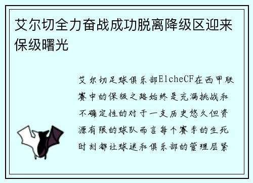 艾尔切全力奋战成功脱离降级区迎来保级曙光